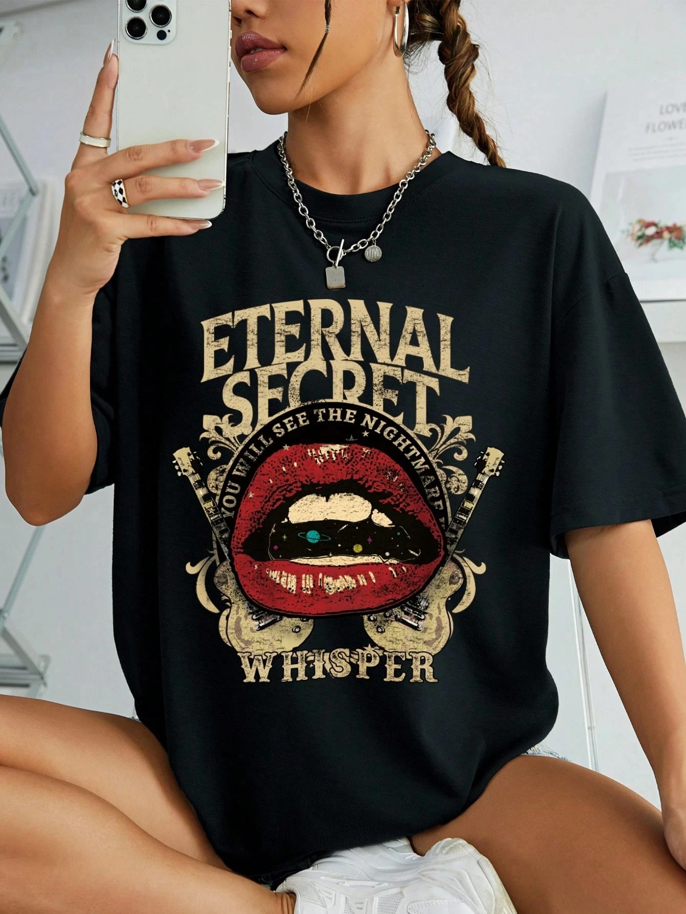 

Футболка больших размеров с графическим рисунком «Вечный секрет» с мотивом Шепот, винтажный топ, острая модная массивная рубашка большого размера для законодателей моды