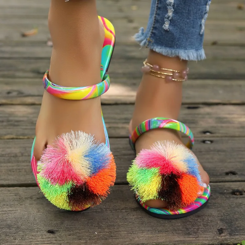 2024 Summer Fashion Hairball Outer Wear Flat Fashion Slippers Women Casual Candy Colour Beach Shoes Home Versatile Comfort Shoes