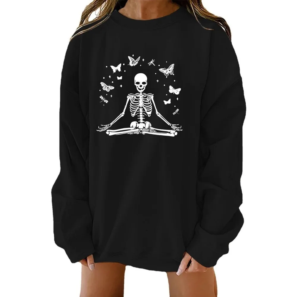 Camisas de esqueleto de Halloween para mulheres, camisetas engraçadas de peitos de abóbora, moletons grandes, outono, top casual, camiseta fofa de caveira