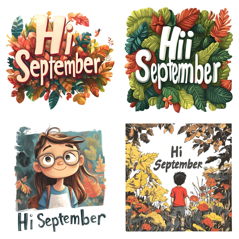 Hi September Autumn Nature Stickers Clothing Patches DTF Heat Transfer Iron On Patches For Clothing DIY Vinyl Stickers Heat Pass