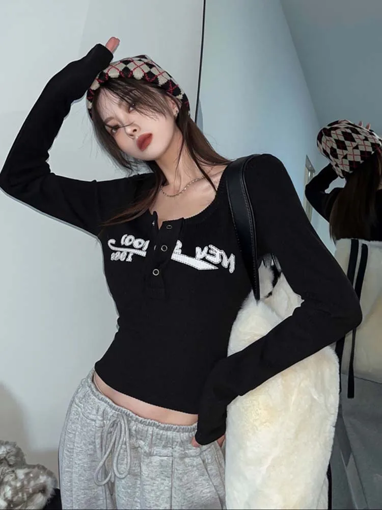 Retro Graffiti Print Elastic T Shirt Women Sexy Slim Crop Top Ribbed Long Sleeve O-neck Tops Grunge Tee Tops Korean