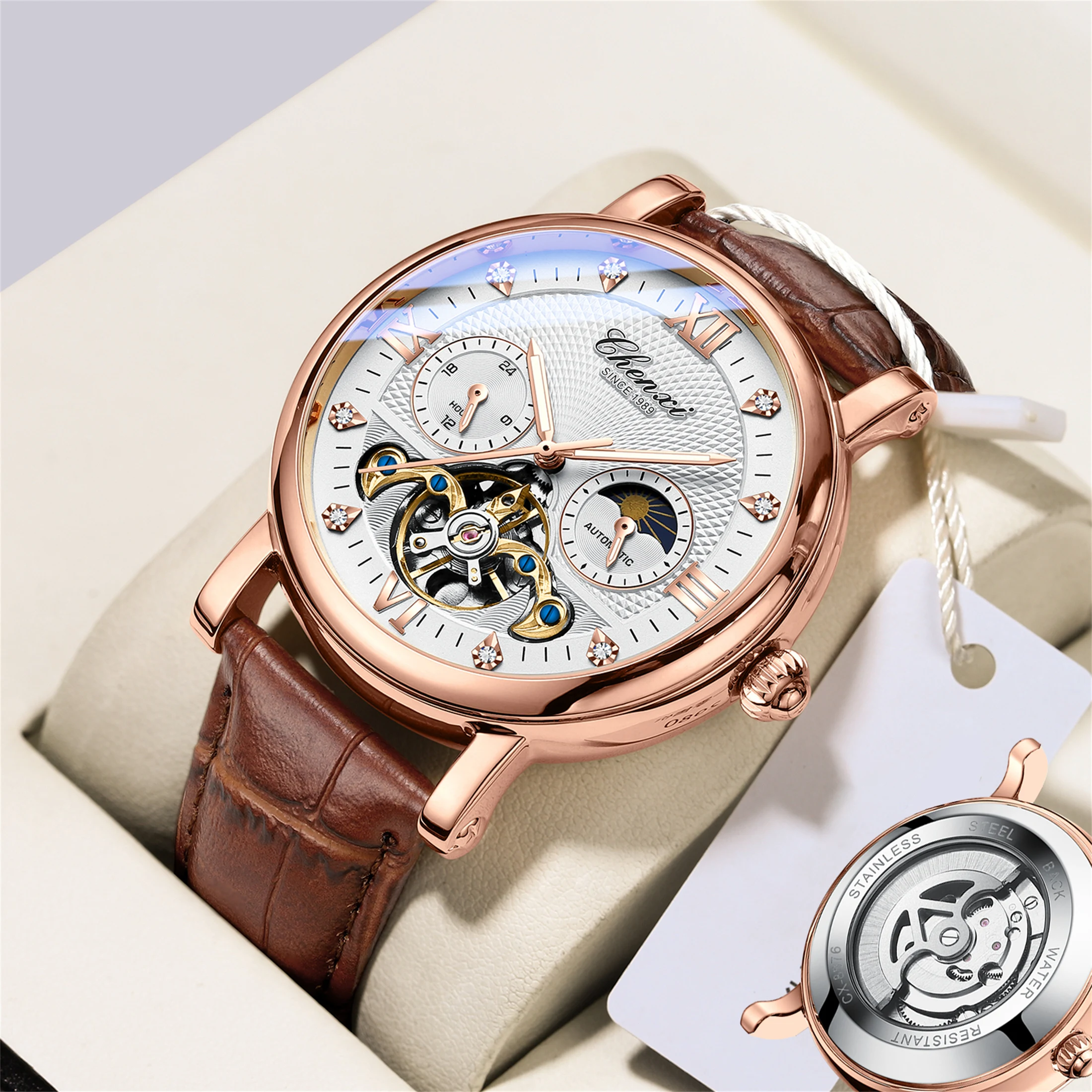 Fashion cool automatic mechanical watch Sun Moon phase tourbillon waterproof leather strap alloy case men\'s watch Relogio Homem