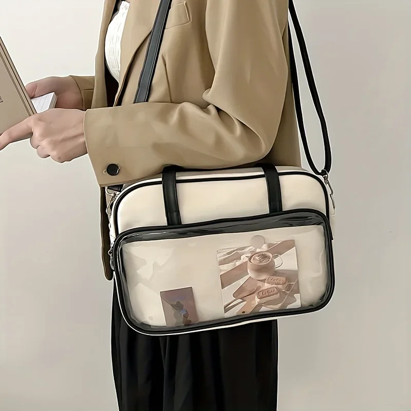 Bolso de hombro frontal con bolsillo transparente, bolso de mano de estilo Preppy de moda, bolso cruzado de gran capacidad