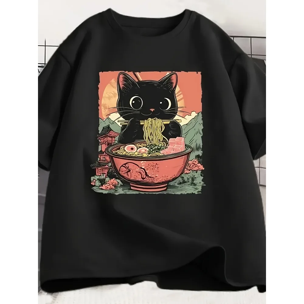 

Cute Black Cat Lady Ramen Anime T-Shirt - a Japanese Comic Style Kawaii Design Featuring a Bowl of Tuna Ramen And Chopsticks,