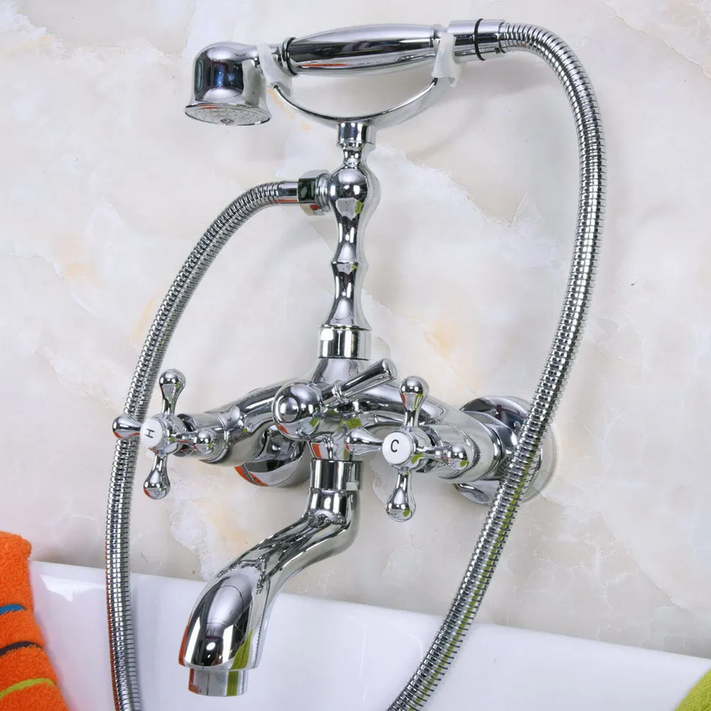 

Chrome Wall Mounted Clawfoot Bathtub Faucet Set with Handheld Shower Mixer Taps Lna198