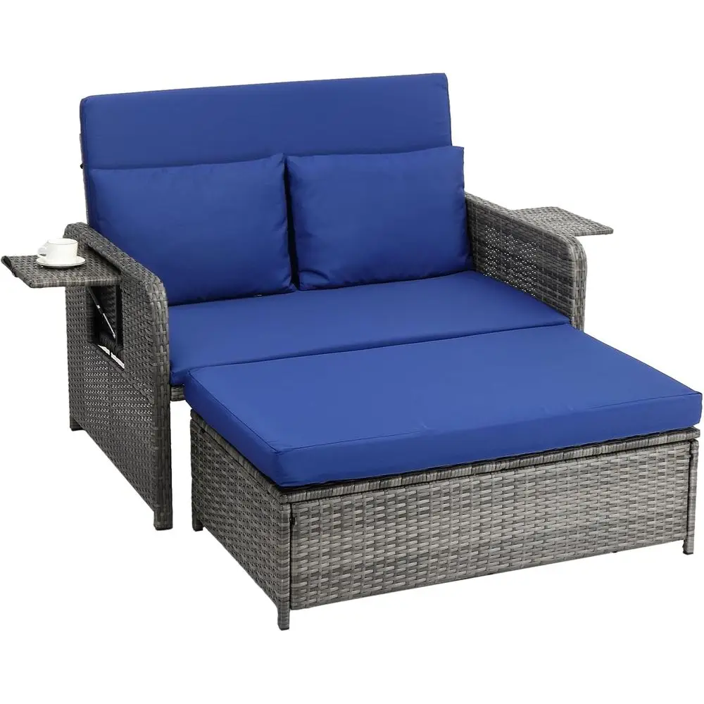 

All-Weather Wicker Daybed with Storage Ottoman and Adjustable Backrest, Cushioned Outdoor Patio Loveseat for Garden or Balcony (