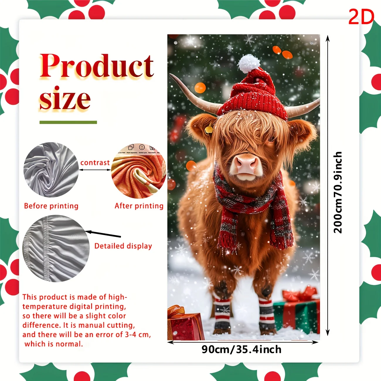 خطة ثنائية الأبعاد، قطعة واحدة، زخرفة بوابة البقرة الاسكتلندية لعيد الميلاد، غطاء زينة لطيف للعطلات #4