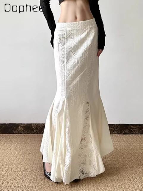 

Юбка-рыбка в французском стиле с кружевными вставками и вырезами для женщин, весна 2026, новинка, с завышенной талией, однотонная, утягивающая фигуру