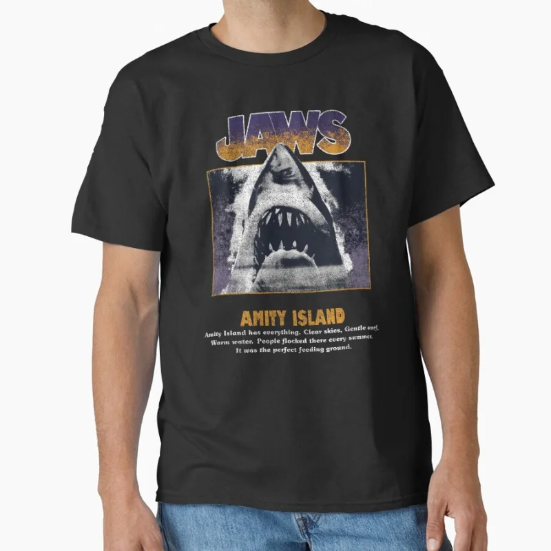 

Jaws Amity Island Distressed Movie Poster Great White Shark Attack 80s Retro Horro Jaws 50Th Anniversary t shirt Large size tops