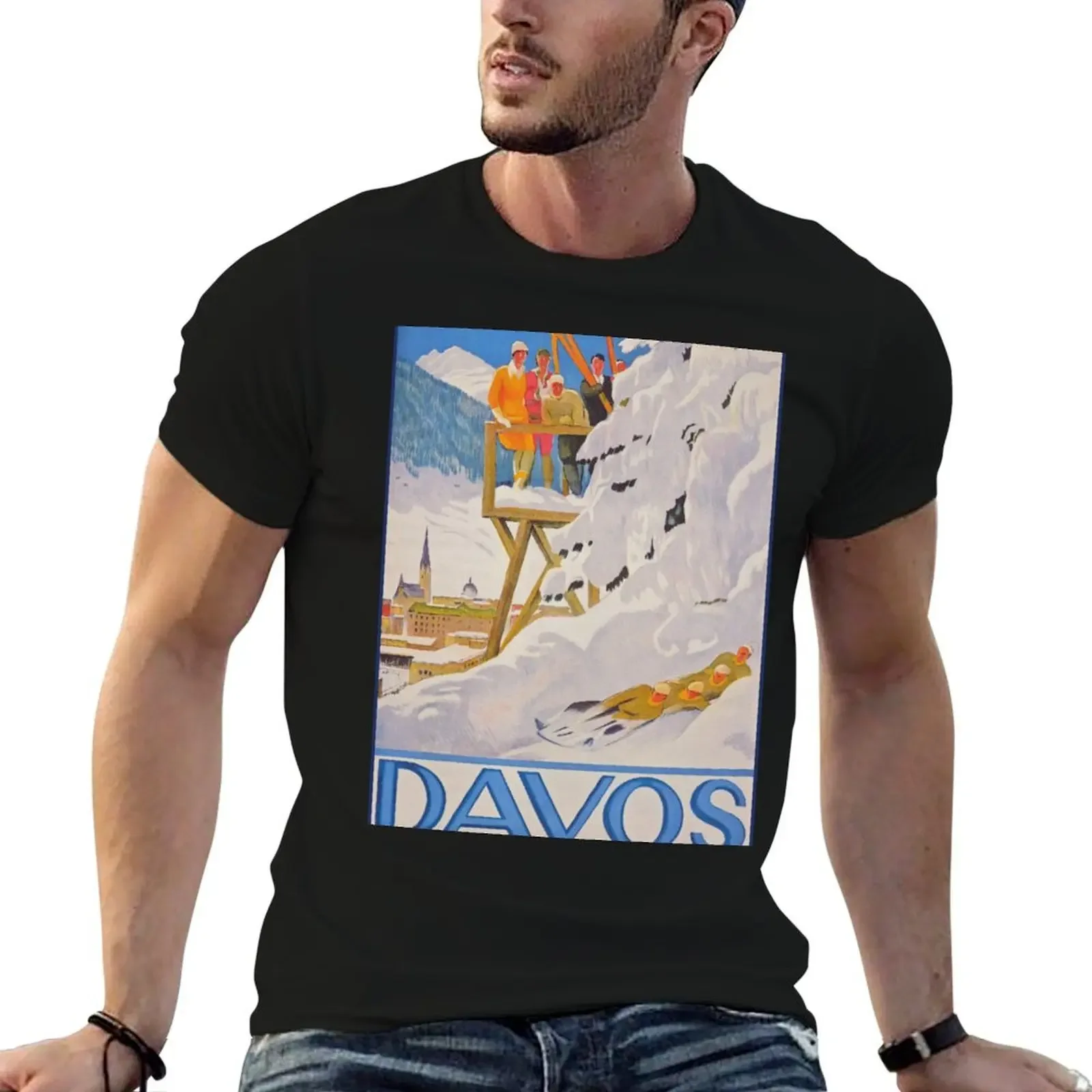 Davos Switzerland Vintage Ski Poster T-Shirt cheap stuff summer clothes heavyweights Short sleeve tee men