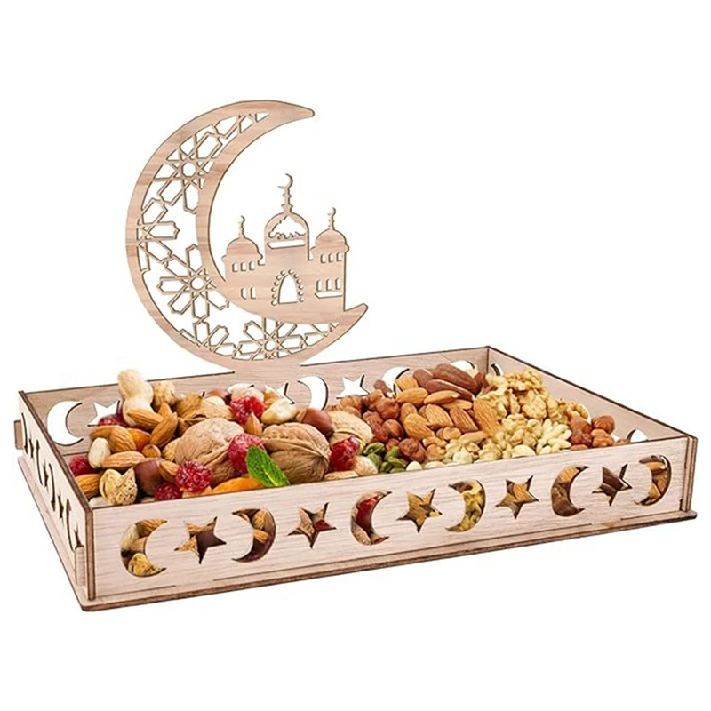 Ramadan Plate Eid Mubarak Tray Kit Wooden Tray Kit Table Decoration For Dessert Snacks Serving Tray With Moon And Star Pattern