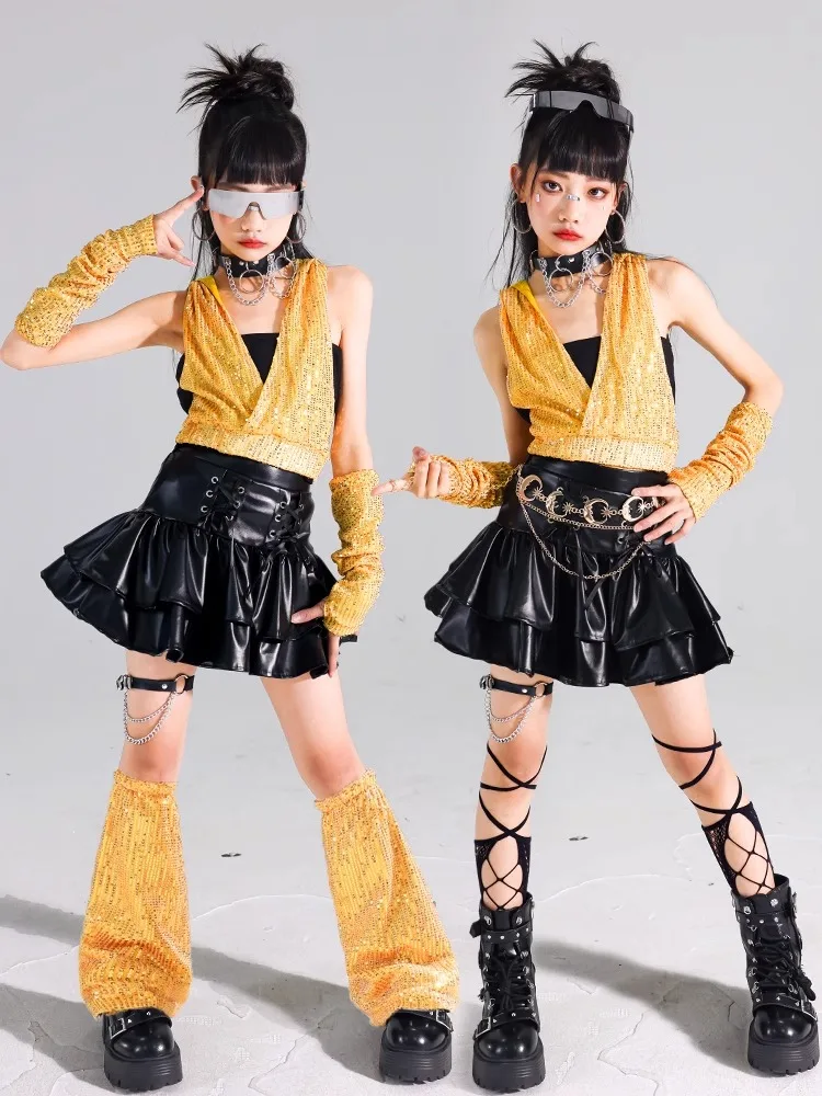 

Girls Sequin Navel Tops Leather Skirt Jazz Dance Costume Cheerlead Dance Clothing Catwalk Concert Stage Performance Suit BL15982