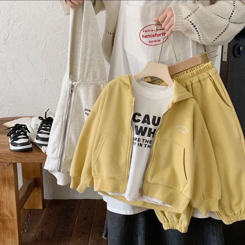 

High Quality Children's Composite Cotton Set 2026 Spring Autumn New Korean Girl Boys Letter Baby Casual Hooded Sports 2pcs Set