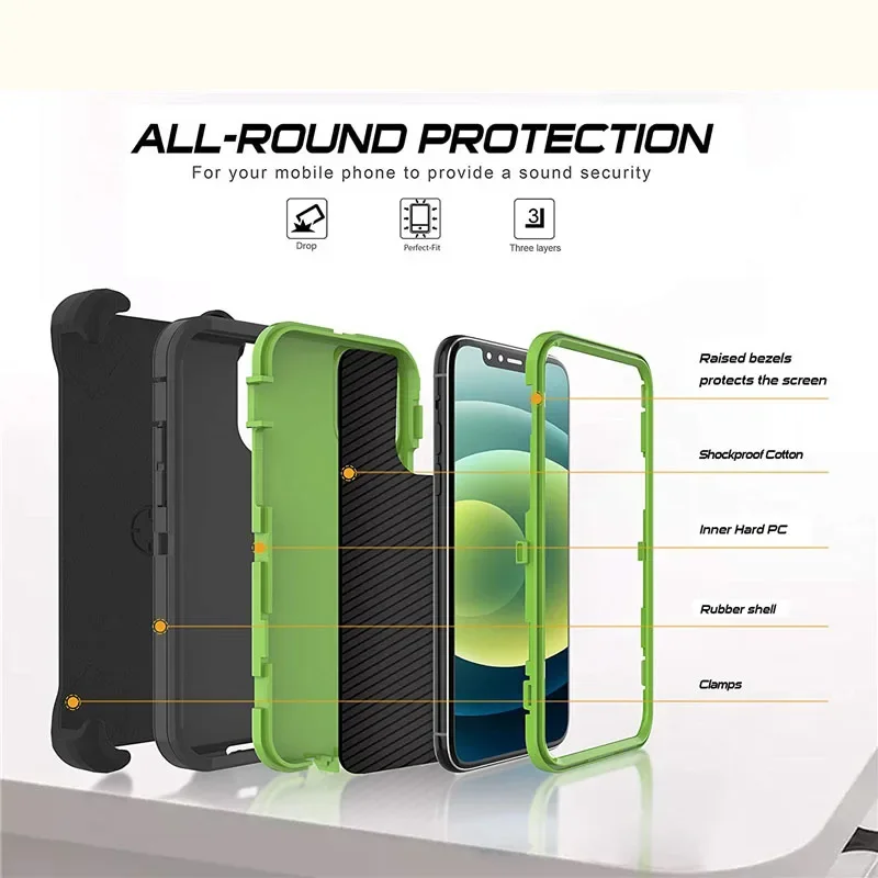 3 in 1 Heavy Duty Defender Armor Case for iPhone 16 15 14 13 12 11 Pro Max XR XS Max Shockproof Rugged Case with Back Belt Clip