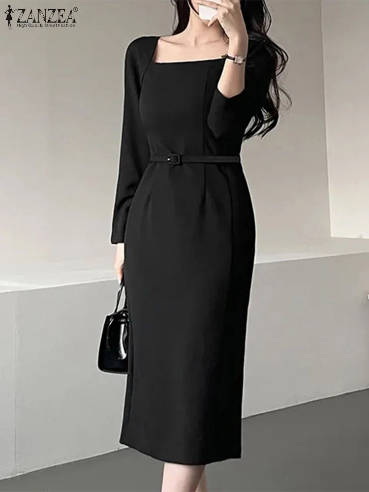 ZANZEA Elegancka damska dopasowana sukienka biurowa Lady z długim rękawem i kwadratowym dekoltem Party Vestidos 2025 Spring Solid Color Casual Long Robes