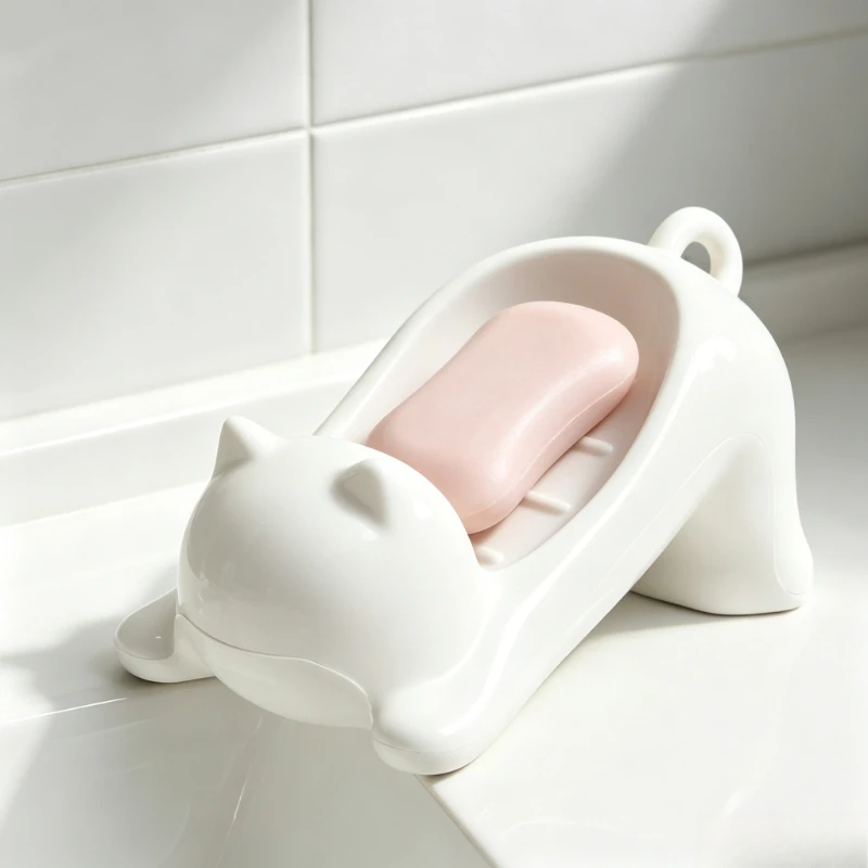 Cute Lying Cat Draining Soap Dish Sloped Water Guide Anti-puddle Soap Tray Creative Bathroom Sink Soap Storage Holder