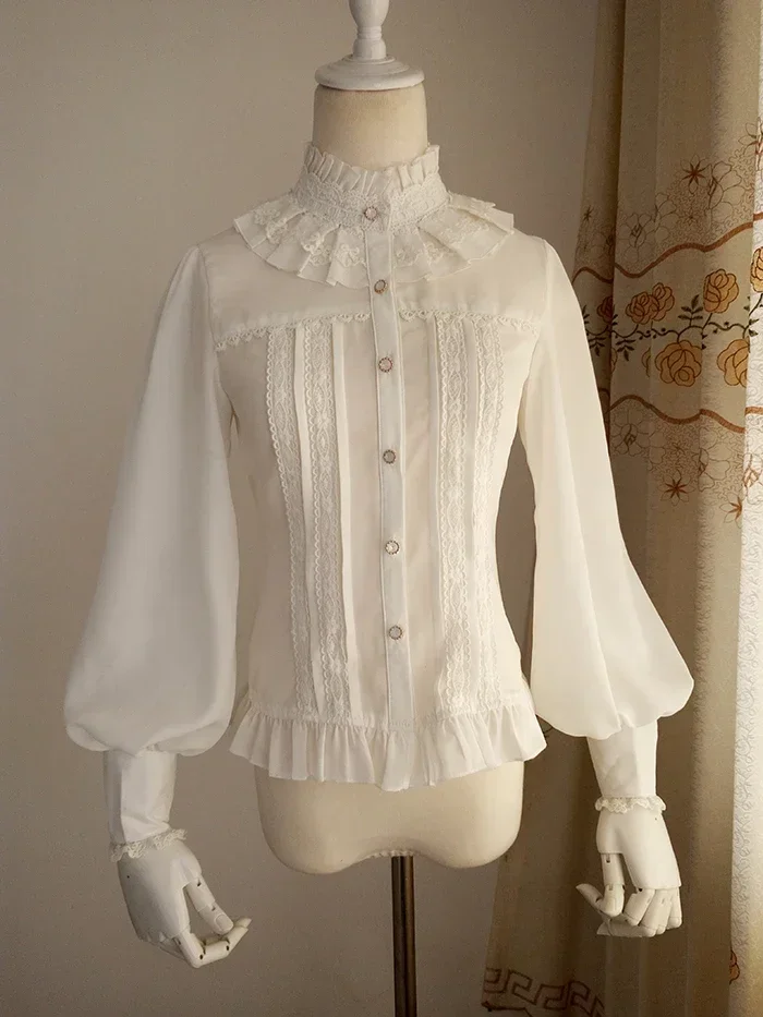 Vintage Women\'s Chiffon Blouse Sweet Long Lantern Sleeve High Collar Shirt with Lace Detailing