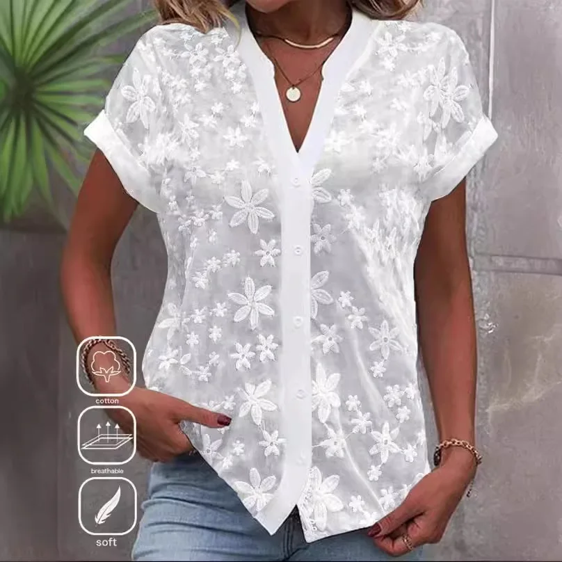 

Women’s Fashion V-Neck Short Sleeve Button Cropped Hollow OutShirt White Lace Blouse Cut Embroidery Blouse Tops