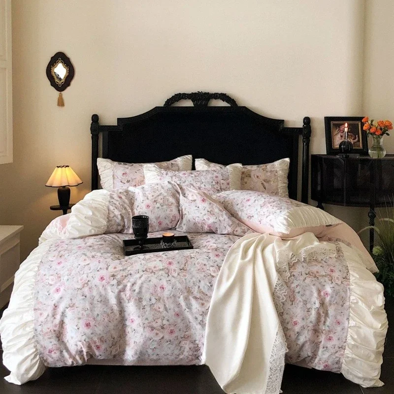 Class A 120 long-staple cotton printing four-piece light luxury French digital printing cotton pure cotton lace kit