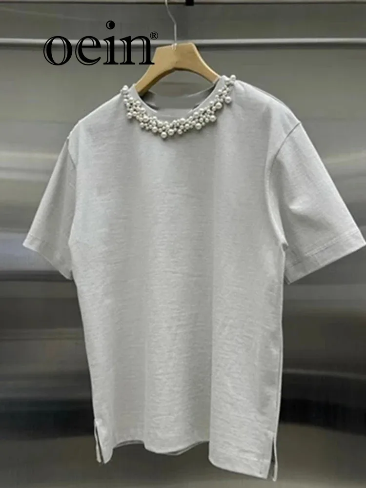 

[oein] Buy Shop Korean Edition Heavy Industry Pearl Hot Diamond Short Sleeve T-shirt for Women 2024 Summer New Casual Loose Look