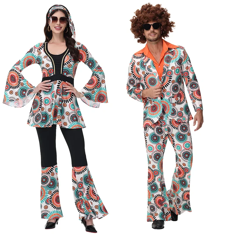 

60s 70s Hippie Costume Set Female 70's Disco Outfits Vintage Cosplay Halloween Fancy Dress Up Adult Music Festival Party