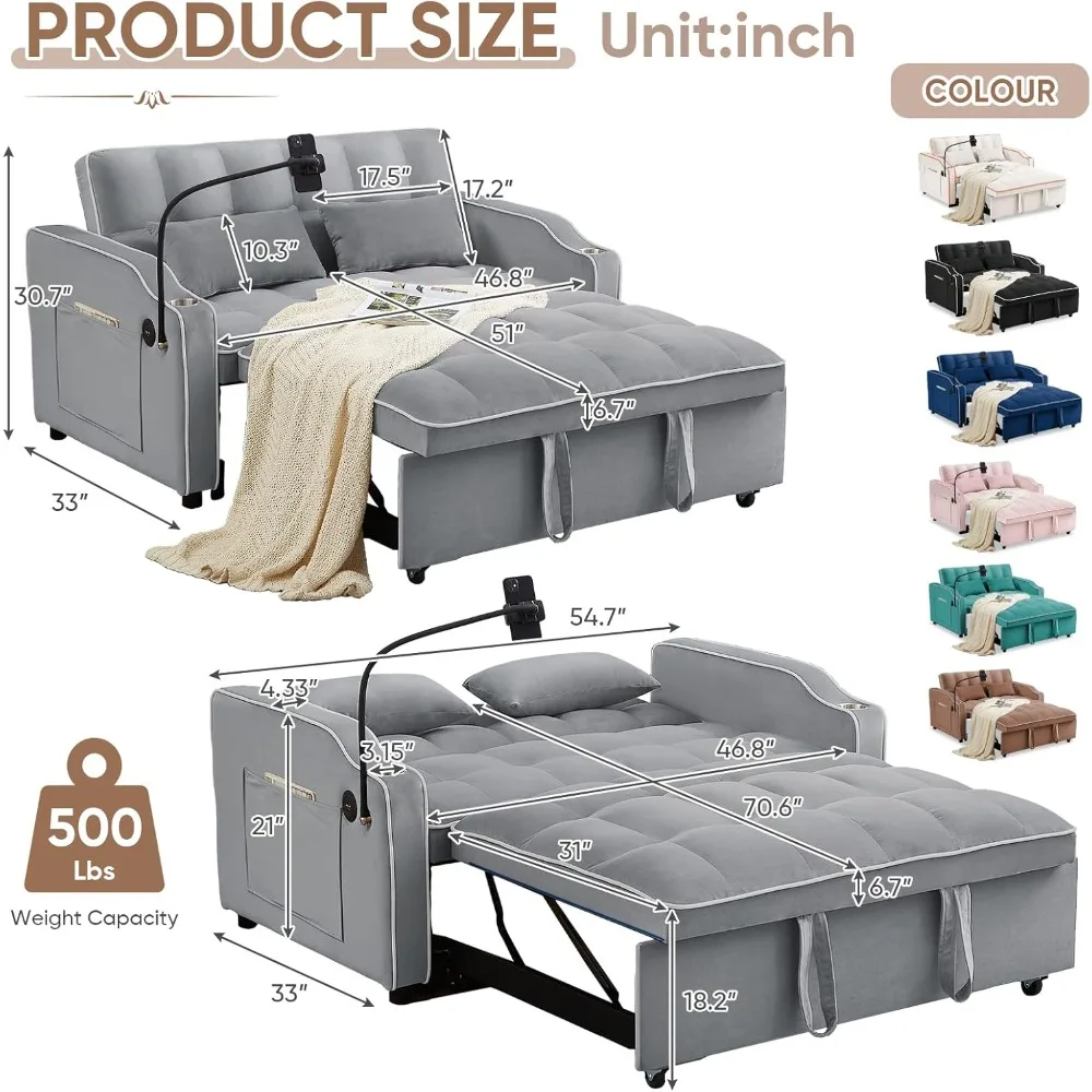 Sleeper Sofa Couch Bed with USB & Type C Port, Modern 3-in-1 Convertible Velvet Pull Out Loveseat Futon Sofa w/Phone Holder/Cup
