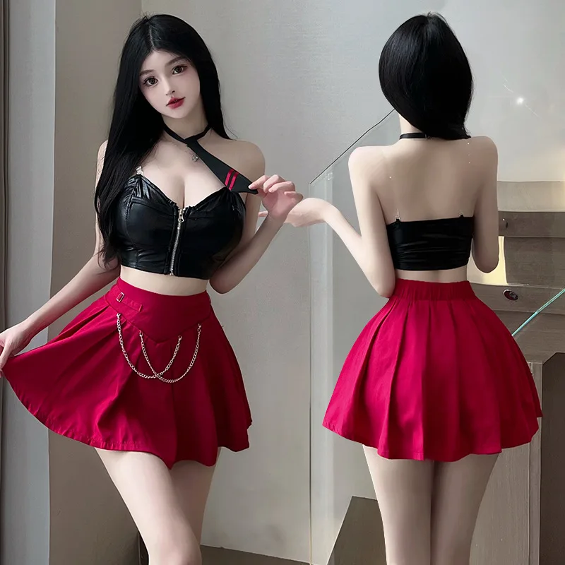 Sexy Cosplay Student JK Uniform Women's Hot Lingerie Tie V-neck Top Pleated Miniskirt Set Adult Role Play Schoolgirl Costume New