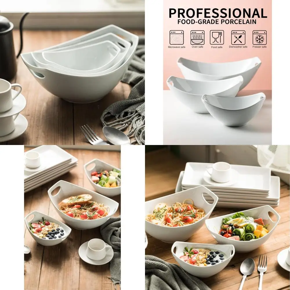 

Набор из 3 белых фарфоровых сервировочных мисок с ручками, 15-28-47 унций, для смешивания и подачи, можно использовать в микроволновой печи и посудомоечной машине