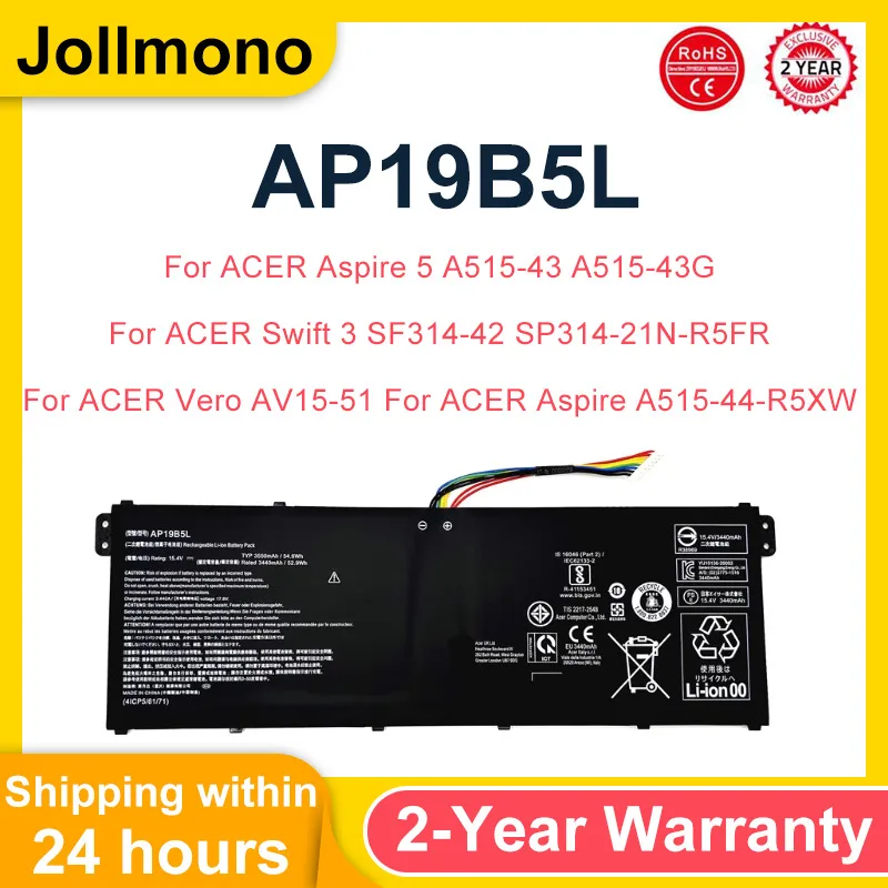 Batería AP19B5L 15,4 V 3550mAh 54,6Wh para portátil Acer Aspire 5 A515-43 Series SF314-42 Vero AV15-51 SP314-21N-R5FR