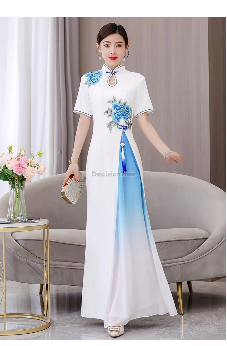 2024 new banquet stage performance ao dai dress retro temperament fairy improved qipao vestido embroidery tassel gradient dress