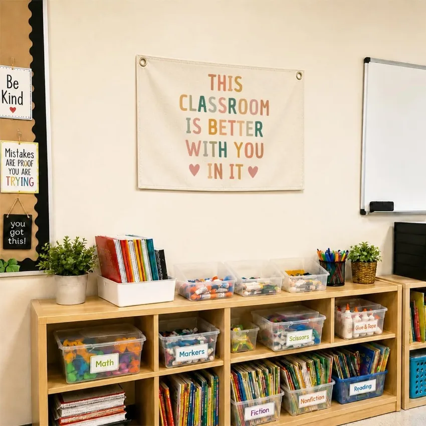 Boho Classroom Decor Teacher Wall Hanging Banner Welcome Sign Neutral Classroom Wall Art Back to School Nursery Decor Flag
