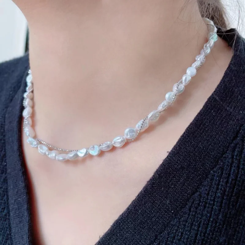 

Pearl Necklace Freshwater Keshi Blue Light Broken Silver Neck Chain S925