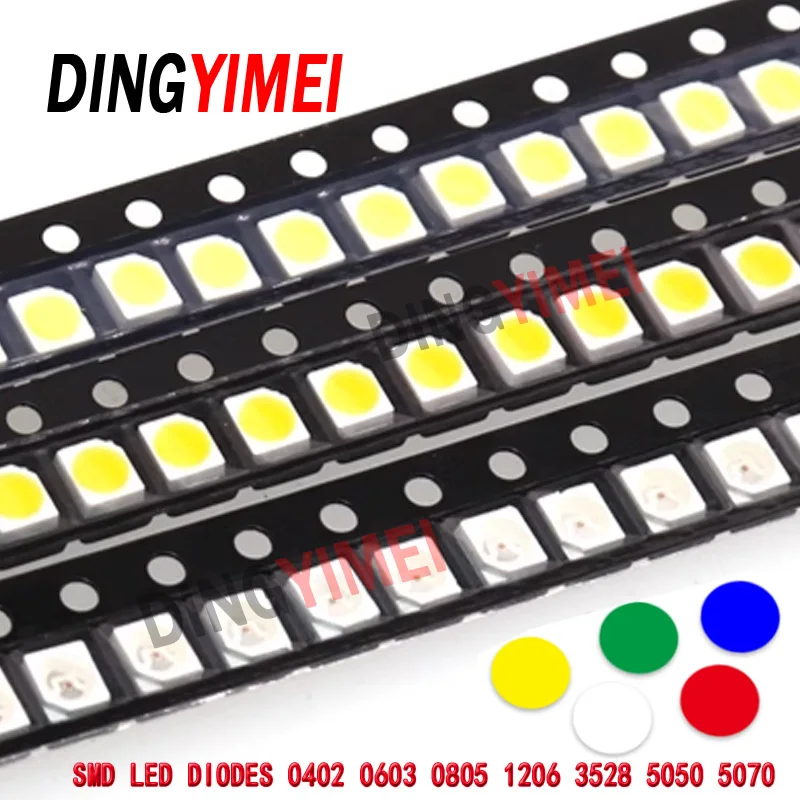 100 stücke 0402 0603 0805 1206 1210 3528 5050 5730 smd led rot gelb grün weiß blau lichte mit tierende diode klar led licht diode