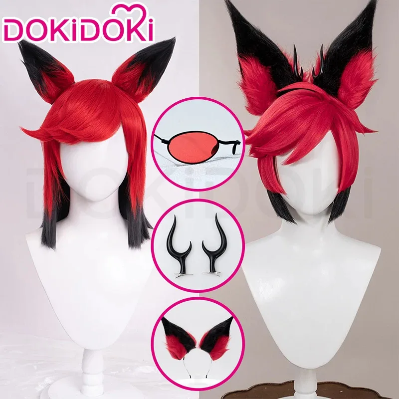 LQIN STOCK Alastor Wig Anime Cosplay DokiDoki Red Black Hair Alastor Cosplay Pre Crimped Wig Hair Ears Glasses Gloves Halloween