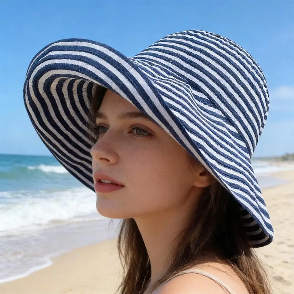 Wide Brim Foldable Summer Striped Fisherman Hat Windproof Anti-UV Sun Cap Outing Beach Hat Breathable Hat