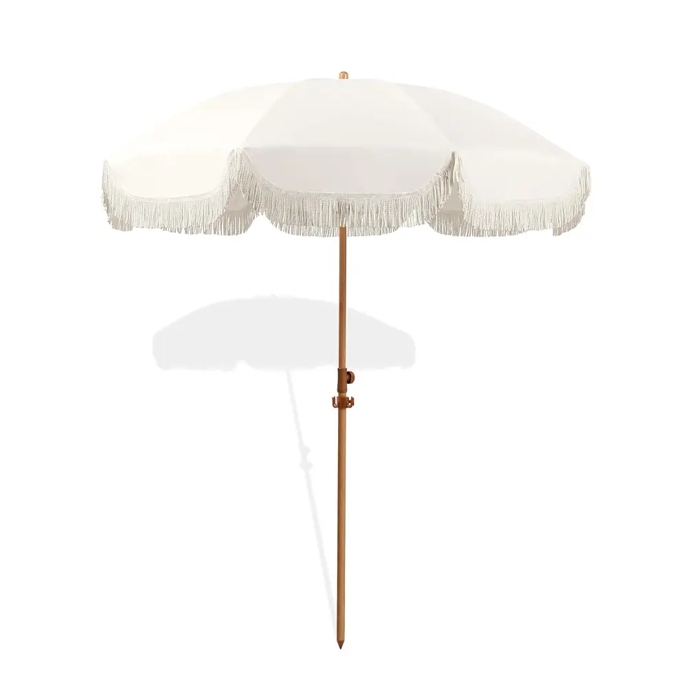 

6.5Ft Patio Umbrella With Fringe, Beach Umbrella, Fringe Umbrella Outdoor Patio With Hanging Hook, Tilting Aluminum Pole, Uv
