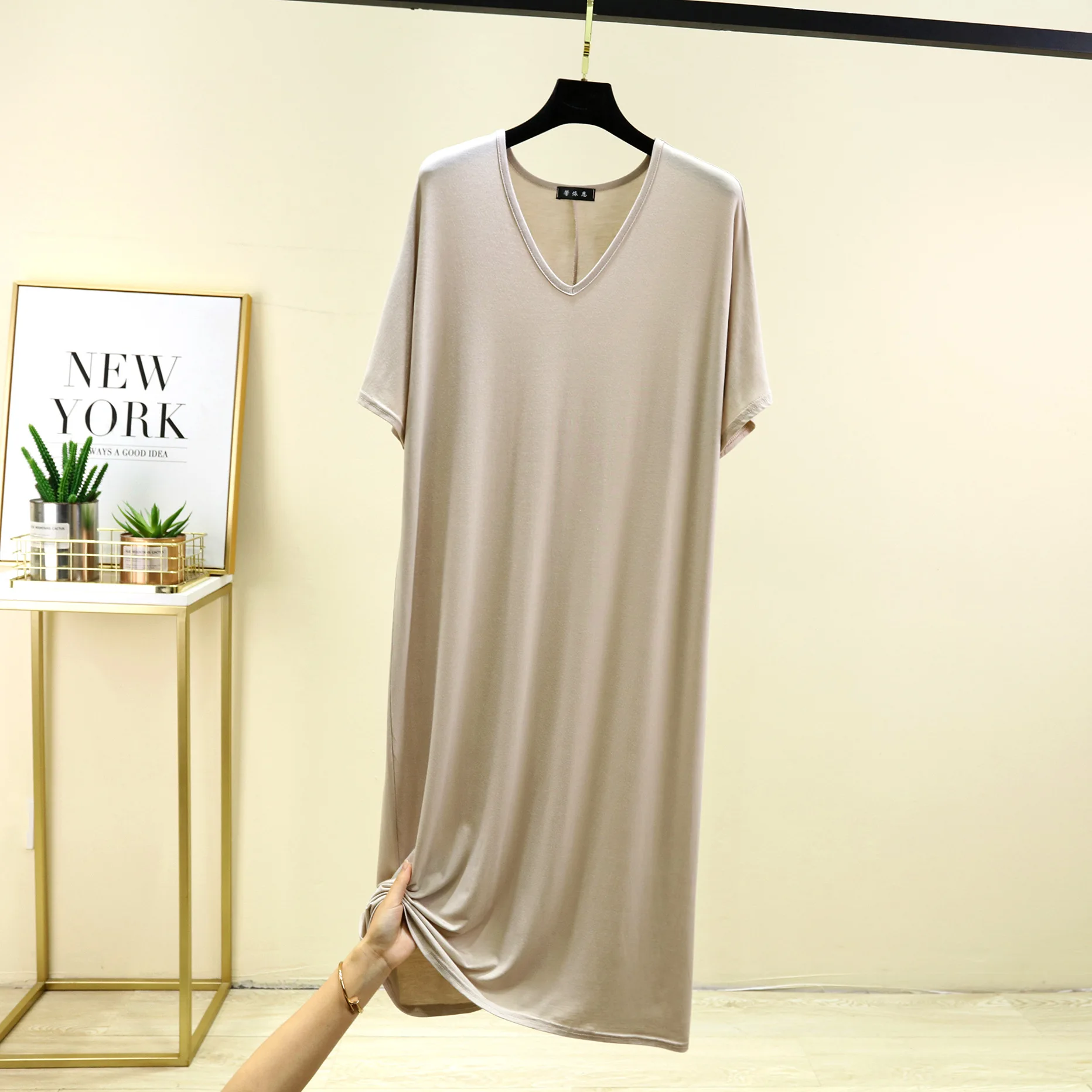 Vestido de verão feminino modal com decote em v, vestidos soltos, sleepdress plus size, monocromático, roupa confortável