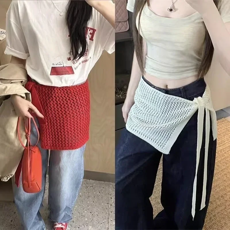 

Корейская модная вязаная юбка с завязками, крючком связанная, с ажурными элементами, многослойная, летний модный аксессуар для женщин