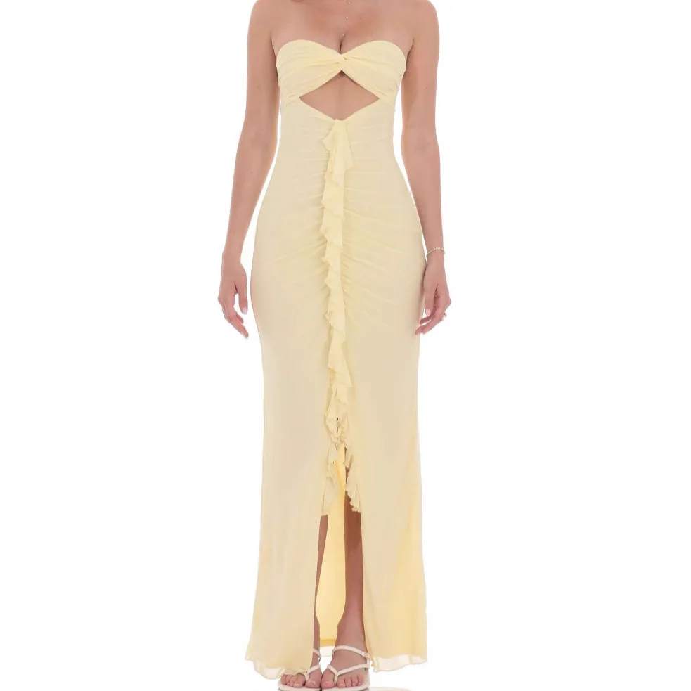 ยุโรปสไตล์อเมริกันผู้หญิงฤดูใบไม้ผลิฤดูร้อนใหม่ Smocked Slit Slim-fit Backless เซ็กซี่ยาวชุดราตรี