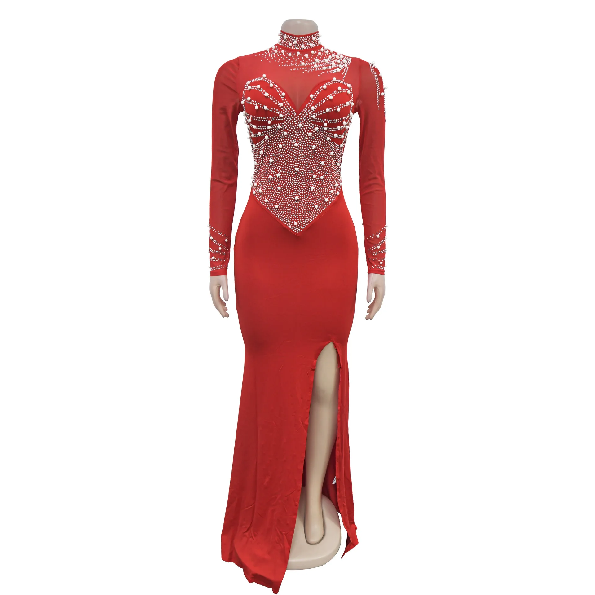Nueva moda Sexy manga larga cuello redondo lentejuelas malla transparente Color sólido Slim Fit Split vaina vestido hasta el suelo para mujer, 3 colores