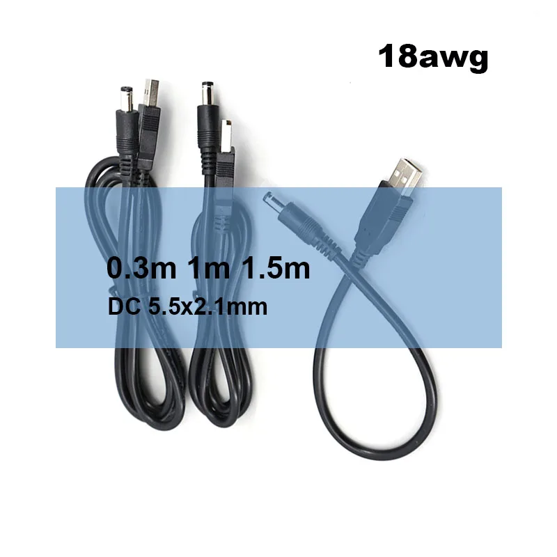 

18awg USB male to 5.5 mm/2.1 mm 5 Volt DC male Barrel Jack Power charge Cable 0.75m2 30cm 1m 1.5m 3ft plug USB connector P1 A7