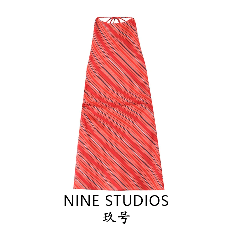 

NINE ZAR Women's Simple Neckline Backless Belted Sexy Pleated Striped Dress A-Line Skirt Style Casual Wear Polyester Fabric