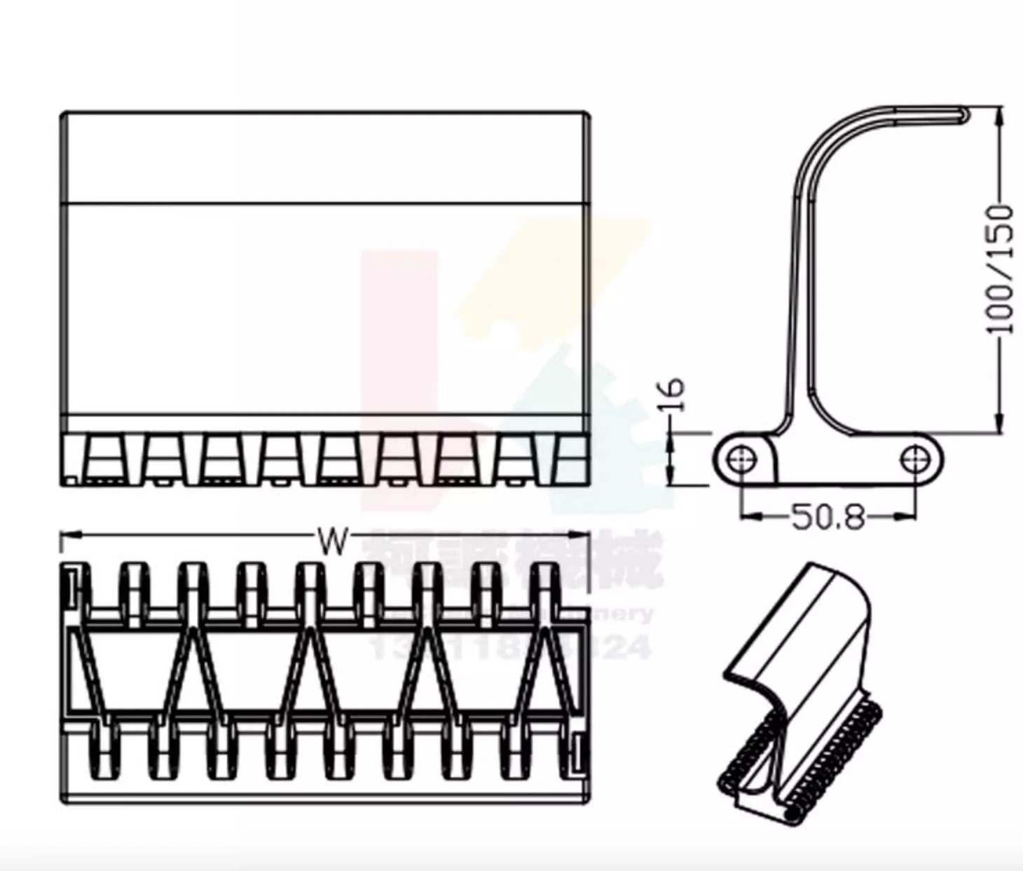 5pcs H:100/150mm Pitch:50.8mm OPB Blue Plastic Curved Mesh Spoon Shaped Baffle Modular Conveyor Chain