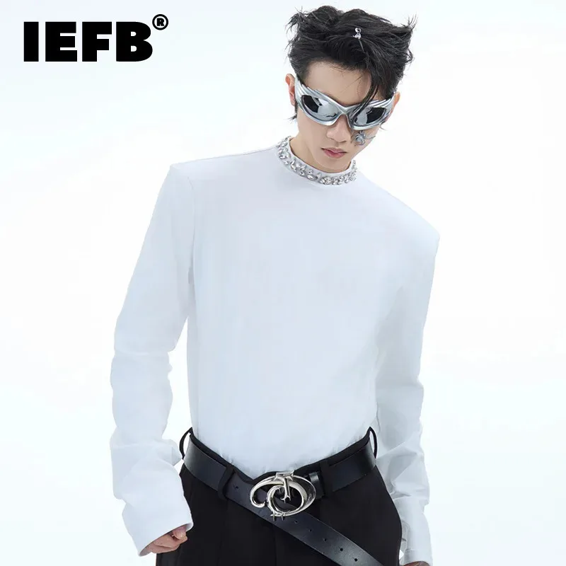 IEFB Bright Diamond Design Base T-Shirt Round Neck Loose Solid Color Long Sleeve Pullover Korean Fashion Male Top Spring 24E5768