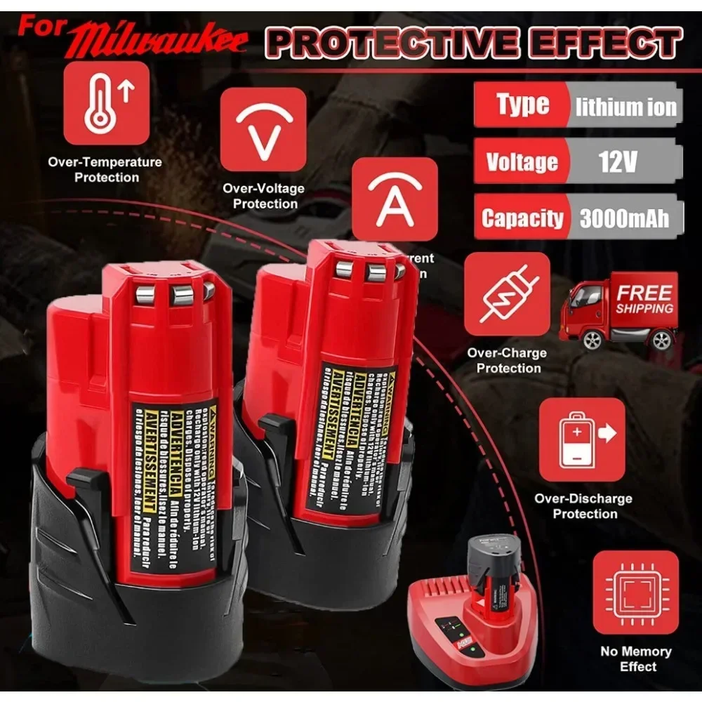 3000mAh/6000mAh for 12V Milwaukee Battery for Milwaukee M12 XC 48-11-2410 48-11-2420 48-11-2411 12-Volt Cordless Tools Battery