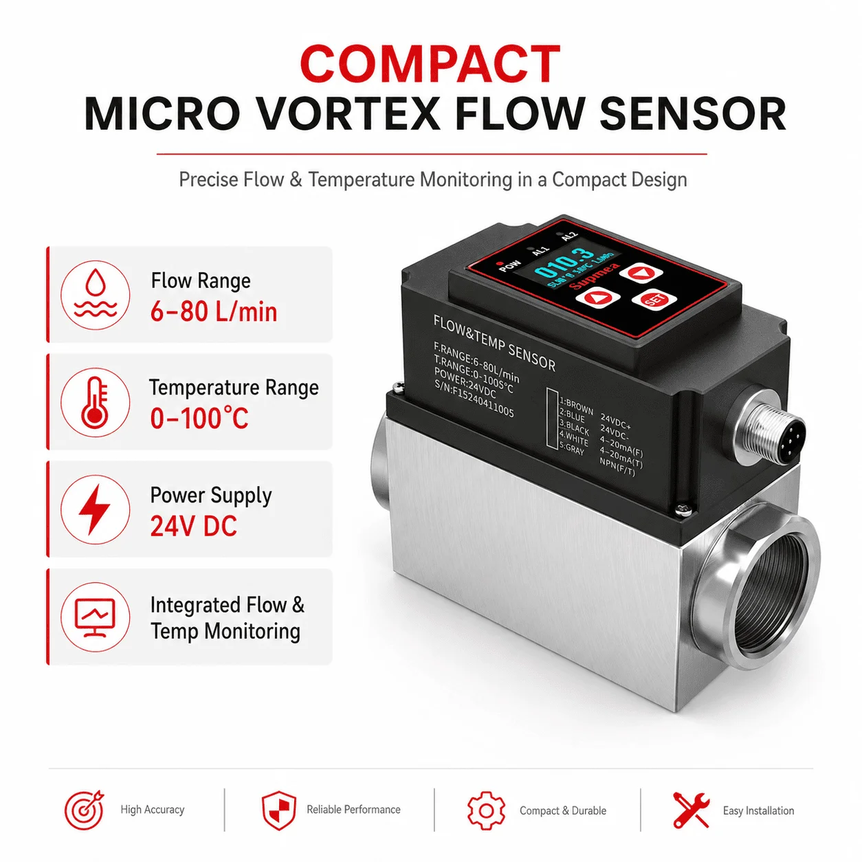 Supmea Mini Vortex Flow Sensor High Repeatability IP65 Protection for Automated Small Pipeline Circulation System