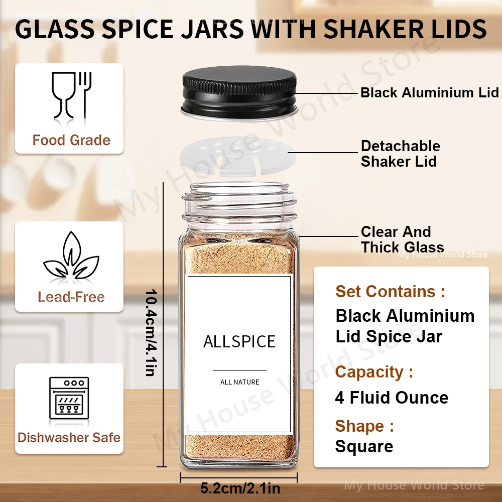 12pcs Spice Jars with Labels Glass Spice Jars with Black Metal Caps Spice Containers with Shaker Lids Seasoning Spices Jar Set