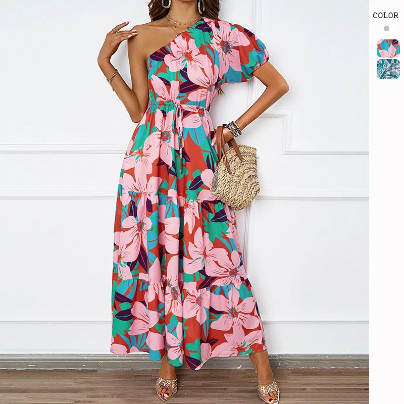 

European Women's Fashion 2024 Summer New Sexy V-neck Printed Bohemian Beach Vacation Long Dress Set