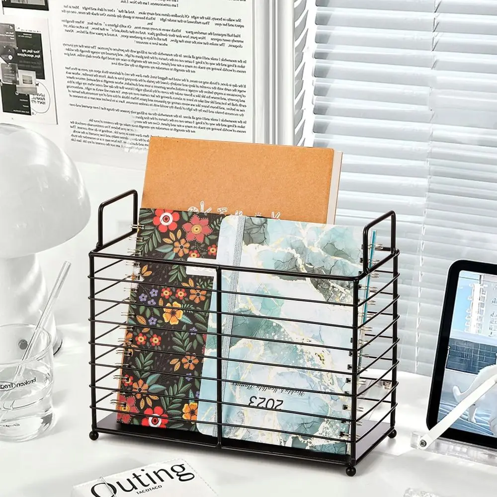 Metal Magazine Rack, Newspaper Book Tablet Storage Basket, Holder Mail Organizer Bin with Handles, Iron Wire Black Stand Holder view 5