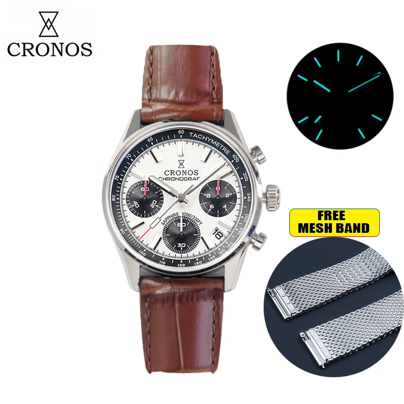 Cronos New Chronograph Quartz Men Watch Miyota 6S20 Black&White
